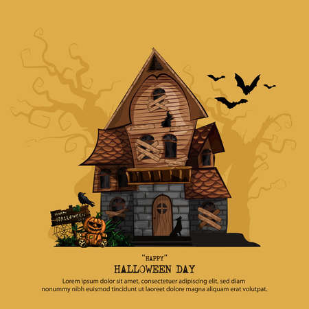 Halloween background with haunted house, bats and graveyard vector illustration. Copy space for text.のイラスト素材