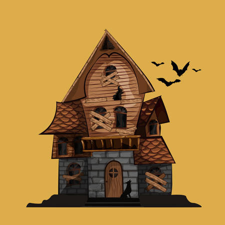 Halloween background with haunted house, bats and graveyard isolated on yellow background vector illustration.のイラスト素材