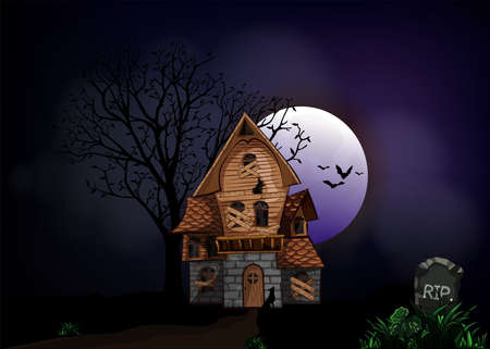 Halloween background with haunted house, bats and graveyard vector illustration. Copy space for text.のイラスト素材