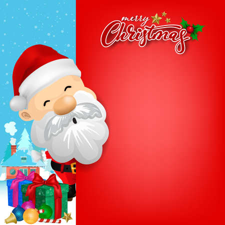 Santa Claus with big signboard. Merry Christmas calligraphy lettering design. Creative typography for holiday greeting. vector illustration.のイラスト素材