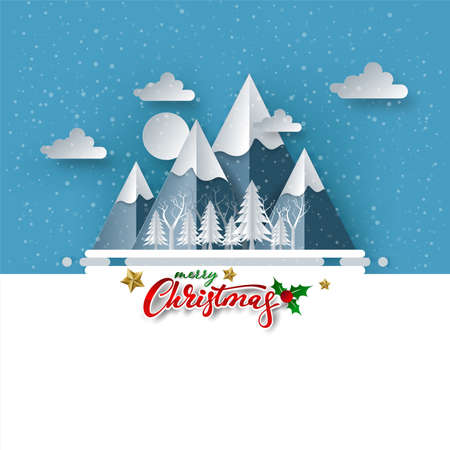 Merry Christmas on Snow and mountain. paper art and digital craft style, vector illustration.のイラスト素材