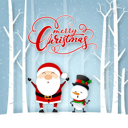 Funny Christmas Greeting Card, With Santa Claus and Snowman happiness with snowflake, vector illustration.のイラスト素材