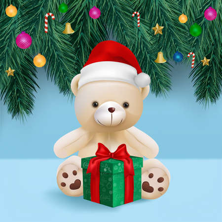 Cute teddy bear and gift box on blue background for merry christmas card vector and illustration.の写真素材