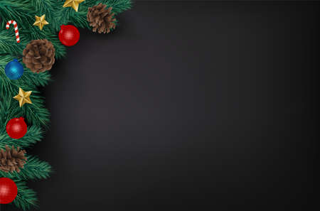 Background with Realistic Looking Christmas Tree Branches on black background. Brochure design template, Card, Banner, vector illustration.のイラスト素材