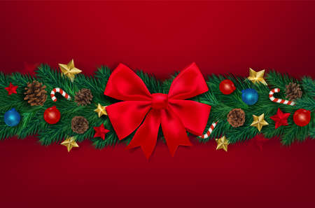 Background with Realistic Looking Christmas Tree Branches on red background. Brochure design template, Card, Banner, vector illustration.のイラスト素材