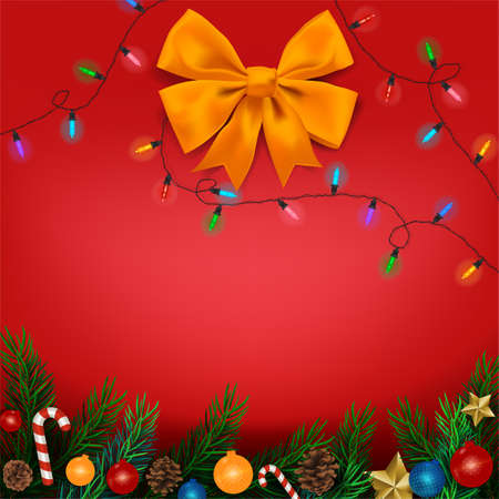 Background with Realistic Looking Christmas Tree Branches on red background. Brochure design template, Card, Banner, vector illustration.のイラスト素材