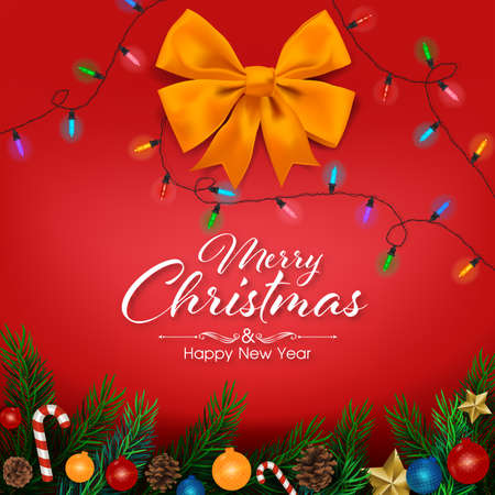 Background with Realistic Looking Christmas Tree Branches on red background. Brochure design template, Card, Banner, vector illustration.のイラスト素材