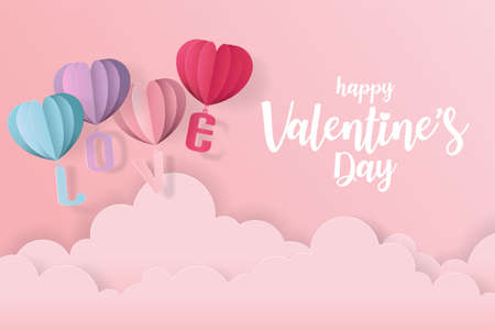 Love and valentine day card with heart balloon, gift and clouds. Paper cut style, Vector illustration.のイラスト素材