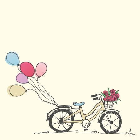 Valentines holiday card. Hand drawn cute bicycle and balloon, vector and illustration.のイラスト素材
