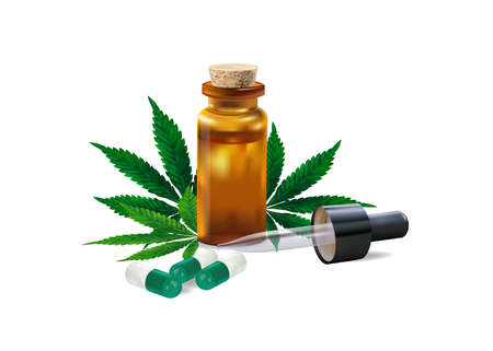 Hemp oil. Drugs and cannabis leaf isolated on white background. Healthy cannabis oil, vector illustration.のイラスト素材