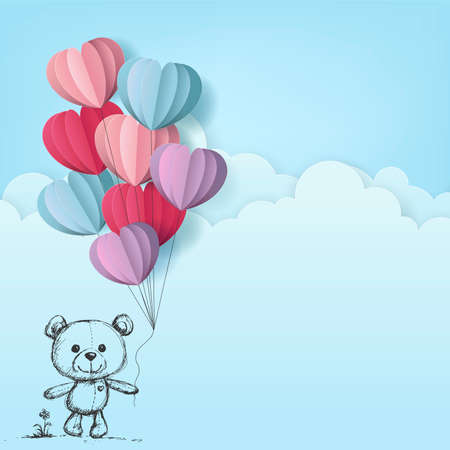 cute baby bear with heart balloon drawing style on cloud background, vector and illustration.のイラスト素材