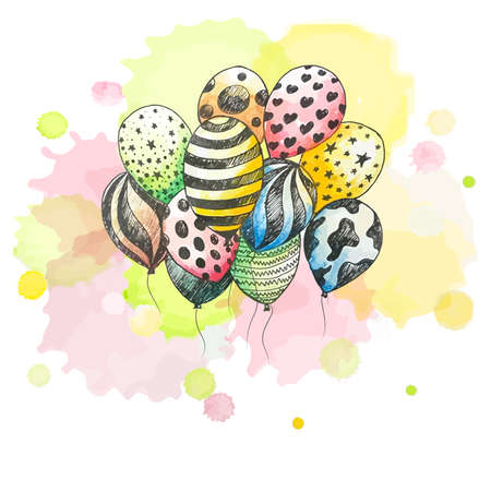 Greeting card vector for valentines day, Colorful balloons watercolor and doodle isolated on white background.のイラスト素材