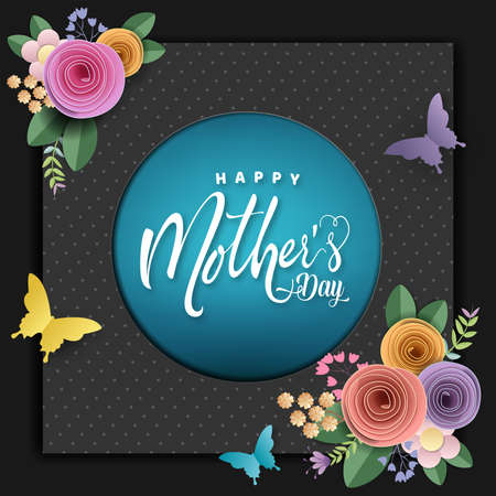 Happy Mother's day card, flower paper cut with butterfly on pink background, vector illustration.のイラスト素材