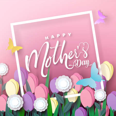 Happy Mother's day card, flower paper cut with butterfly on pink background, vector illustration.のイラスト素材