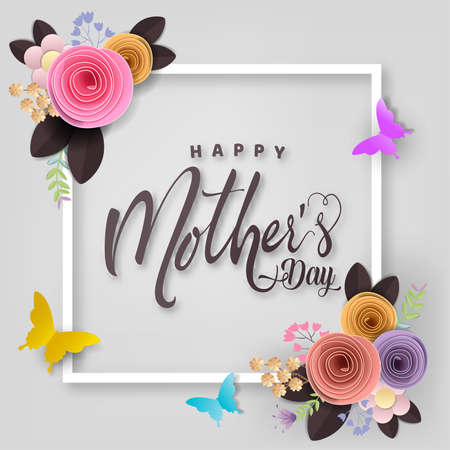 Happy Mother's day card, flower paper cut with butterfly on pink background, vector illustration.のイラスト素材