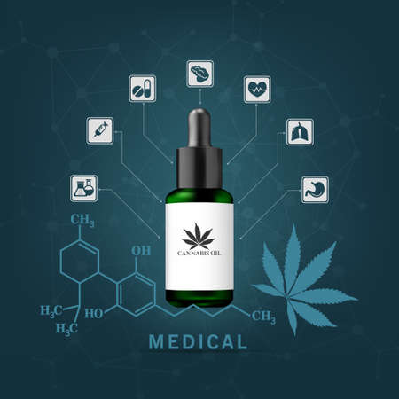 Hemp oil is extracted for the cure of many diseases. Medical use on blue background, vector and illustration.のイラスト素材