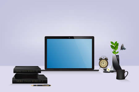 workplace in modern beautiful home office, laptop with blue empty blank screen, interior design. vector and illustration.のイラスト素材