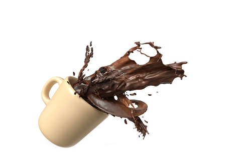 Liquid chocolate with splash in a cup/mug. Isolated on white background. 3D illustration.の写真素材