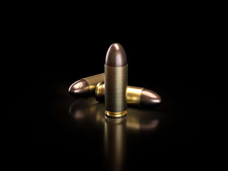 Close-up, Bullets on black background with reflection shadow, 3D illustration.の写真素材