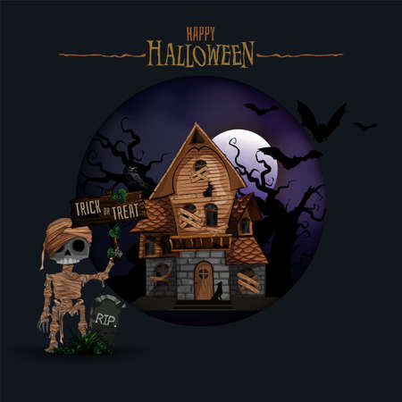 Halloween background with haunted house, bats, graveyard and Mummy vector illustration. Copy space for text.のイラスト素材