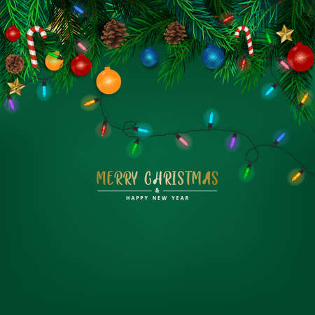 Background with Realistic Looking Christmas Tree Branches on red background. Brochure design template, Card, Banner, vector illustration.の写真素材