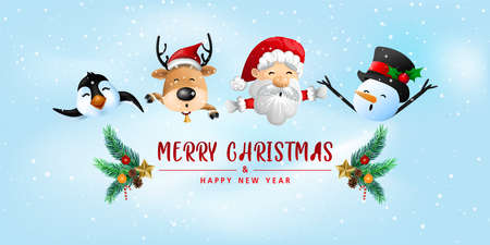 Funny Christmas Greeting Card, With Santa Claus, Deer, Snowman and penguin, vector illustration.のイラスト素材