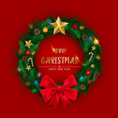 Background with Realistic Christmas Wreath Made of Pine tree branches Decorated with Star, Pine cones, Flashing light. Brochure design template, Card, Banner. illustration.の写真素材