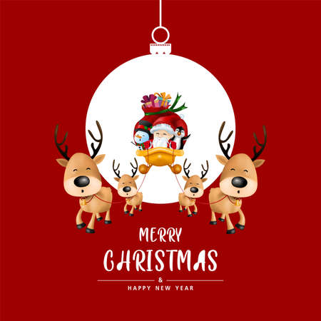 Merry Christmas and Happy New Year in Christmas ball on red background. Invitation card vector and illustration.のイラスト素材