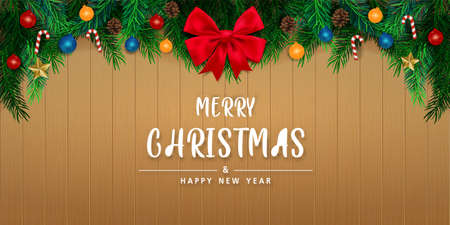 Merry Christmas and happy new year in Wooden wall background. Brochure design template, Card, Banner, vector illustration.の写真素材