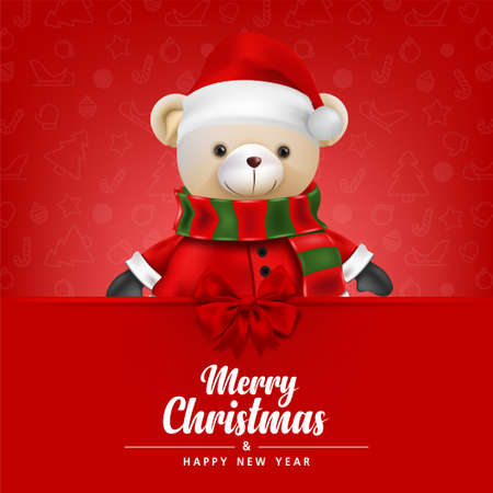 Cute teddy bear wear Santa claus on Red background for merry christmas and happy new year card. illustration.の写真素材