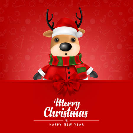 Greeting card, Cute Reindeer on Red background for merry christmas and happy new year card. vector illustration.のイラスト素材