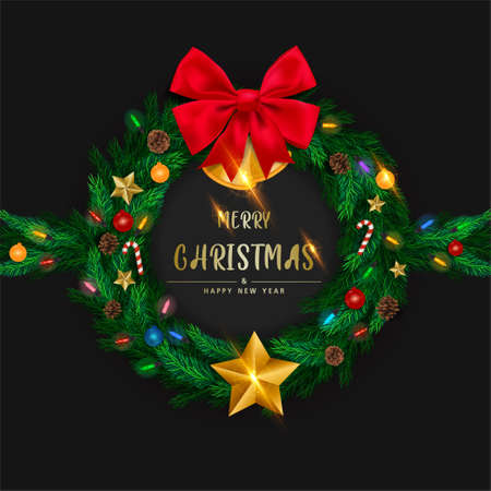 Background with Realistic Christmas Wreath Made of Pine tree branches Decorated with Star, Pine cones, Flashing light. Brochure design template, Card, Banner. illustration.の写真素材