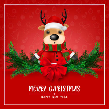 Greeting card, Cute Reindeer on Red background for merry christmas and happy new year card. vector illustration.の写真素材