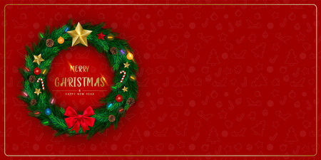 Background with Realistic Christmas Wreath Made of Pine tree branches Decorated with Star, Pine cones, Flashing light. Brochure design template, Card, Banner. illustration.のイラスト素材