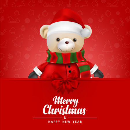 Cute teddy bear wear Santa claus on Red background for merry christmas and happy new year card. illustration.の写真素材
