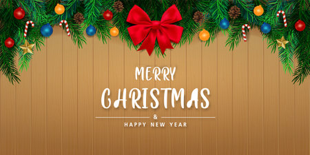Merry Christmas and happy new year in Wooden wall background. Brochure design template, Card, Banner, vector illustration.のイラスト素材