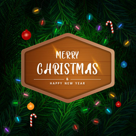 Background with Realistic Looking Christmas Tree Branches on red background. Brochure design template, Card, Banner, vector illustration.の写真素材
