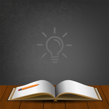 Open book with icon doodles on back background. Education vector illustration.のイラスト素材