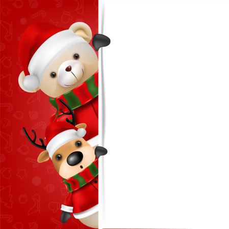 Cute teddy bear and reindeer wear Santa claus on Red background for merry christmas and happy new year card. vector illustration.の写真素材
