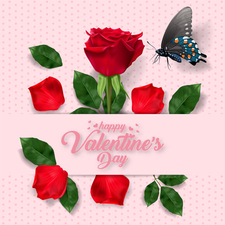 Happy Valentines Day. Greeting card with realistic of red rose, Typography design for print cards, banner, poster.の写真素材