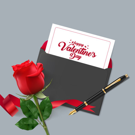 Happy Valentines Day. Greeting card with realistic of red rose, Typography design for print cards, banner, poster.のイラスト素材