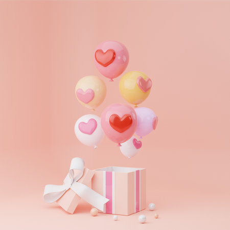 Balloons and hearts fly out of box on pink background, use as birthday card illustration. Wedding cards and Valentine's Day cards, 3D render illustration.の写真素材