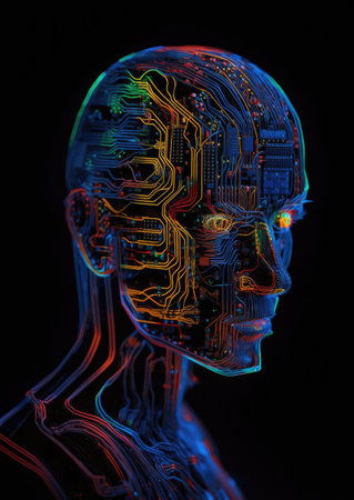 Humanoid portrait with VR glasses made by computer circuits. Metaverse concept. Generative AIの素材