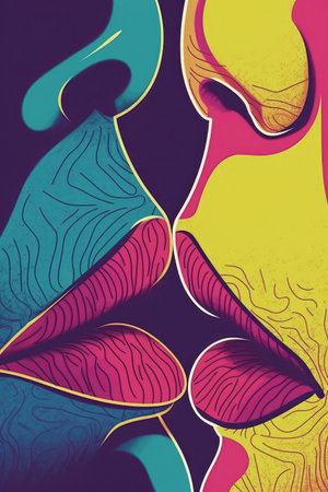 Psychedelic Abstract Artwork of Lips Kissing. Generative AIの素材