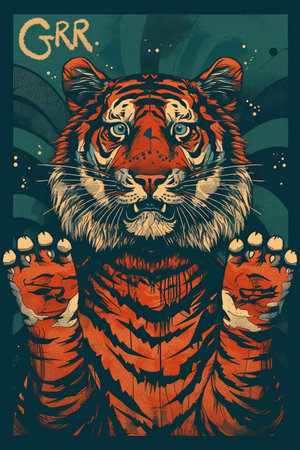 Psychedelic Artwork of a Tiger rising arms. Generative AIの素材