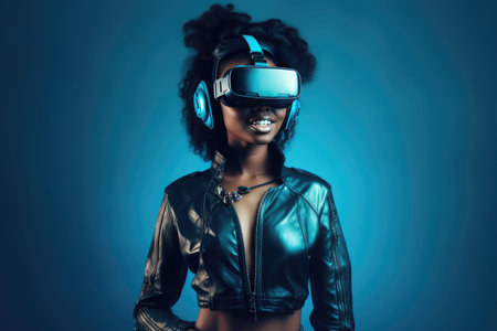Young African American woman wearing VR goggles and with hand in pocket looking at camera while standing under blue light. Generative AIの素材