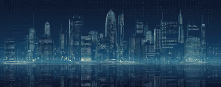 ASCII Art style Illustration of city skyline over blue background. Generative AIの素材