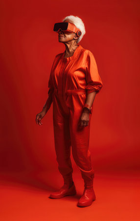 Full body of confident black elderly woman in trendy outfit and VR goggles looking away while standing against red background. Generative AIの素材