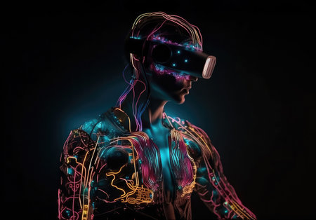 Humanoid portrait with VR glasses made by computer circuits. Metaverse concept. Generative AIの素材