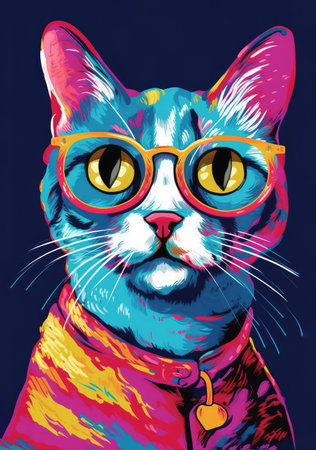 Psychedelic Artwork of a Smart Cat with Glasses. Generative AIの素材